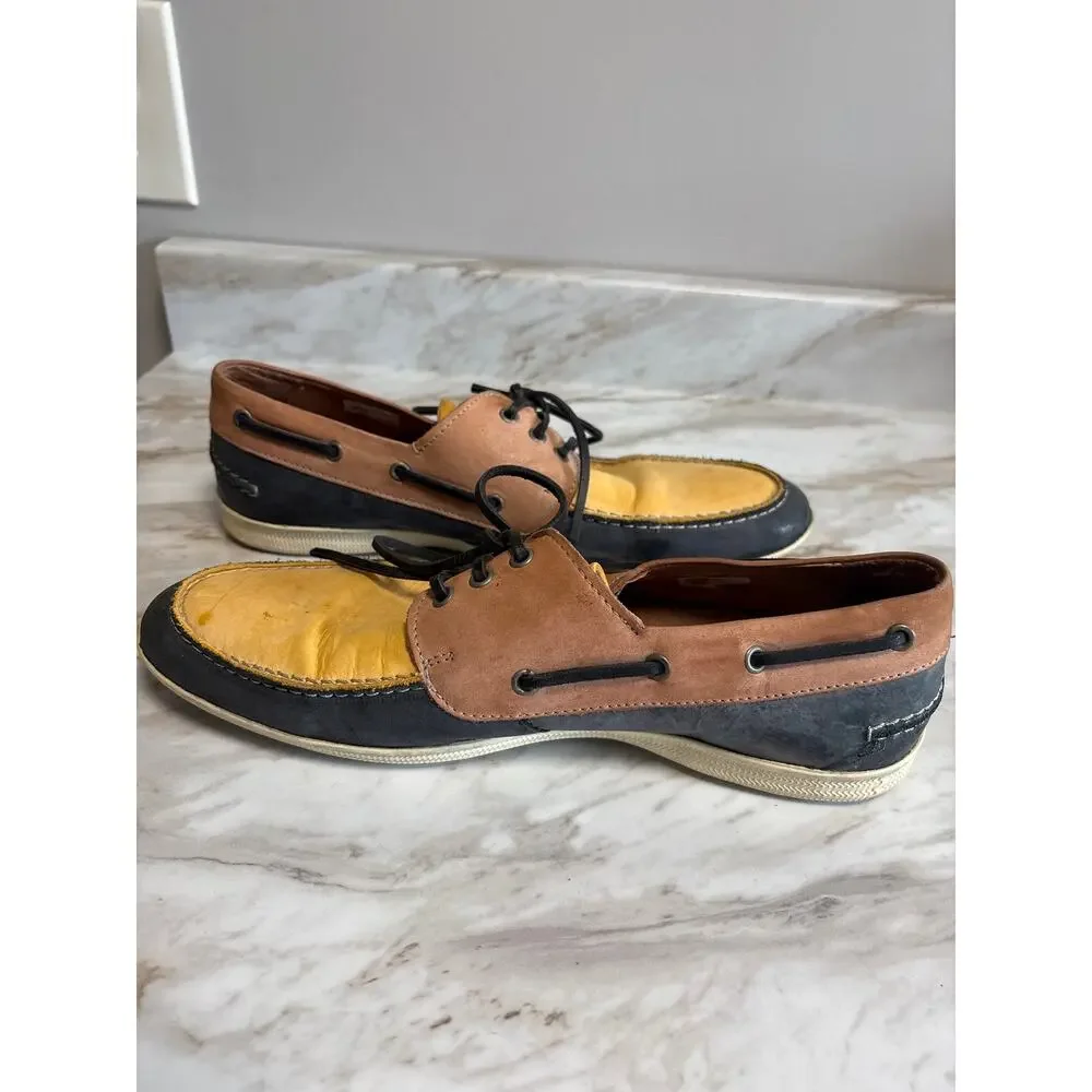 John Fluevog Vintage Yellow Black Leather Colorblock Boat Shoes Men's Size 9
